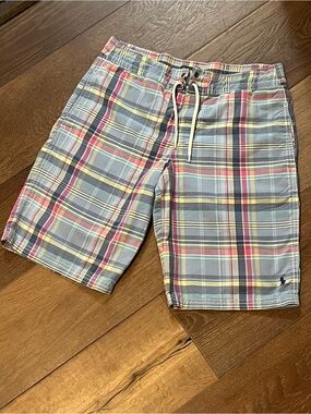 Polo Ralph Lauren Boys Swim Shorts.  Light Blue Pink Yellow Plaid. Size 14-16.
